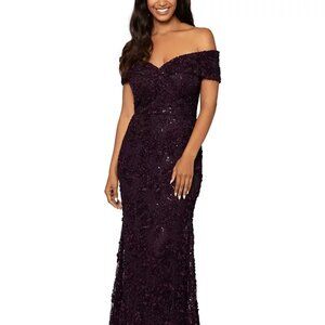 XSCAPE Off-The-Shoulder Lace Gown Mulberry